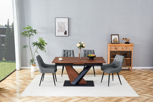 English Elm Modern Extendable Dining Table with Walnut MDF Veneer Top, Dual V-Shaped Metal Base, Sleek Durable Design Dark Walnut W3493S00007