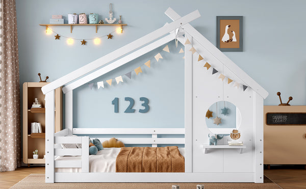 English Elm Full House Floor Bed with Roof Window and Shelf – Solid Pine Kids Loft-Style Low Bed, Durable Design White W1580P362693