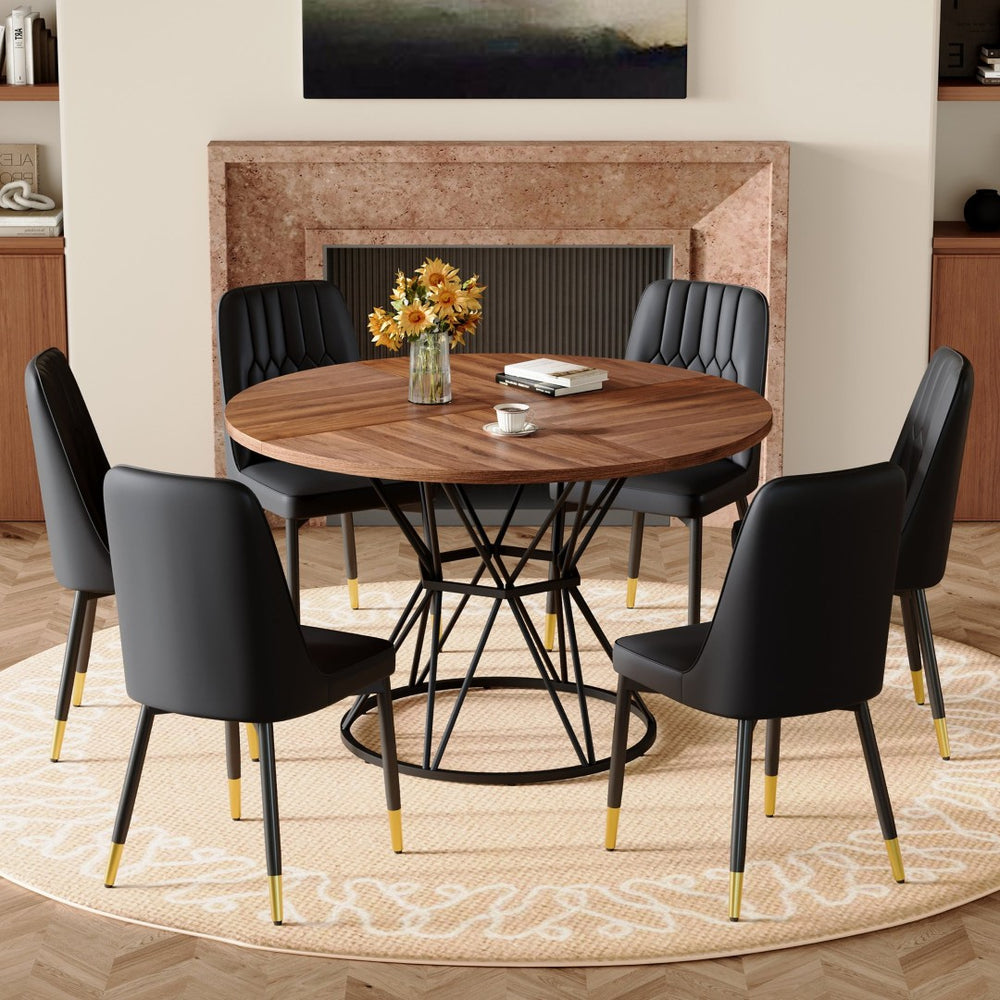 English Elm Table and Chair Set Round Walnut Mdf Dining with Six Two-tone Pu Seats Gold Legs Walnut+Black W1151S04838