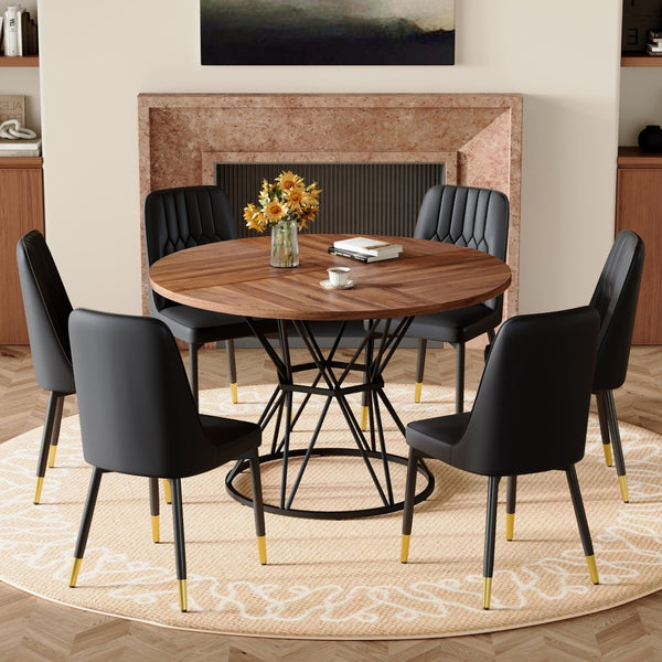 English Elm Table and Chair Set Round Walnut Mdf Dining with Six Two-tone Pu Seats Gold Legs Walnut+Black W1151S04838