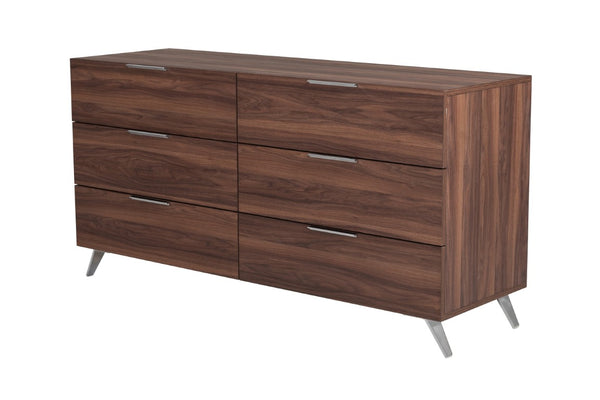 VIG Furniture Brooklyn Italian Walnut Dresser With Six Soft-Close Drawers, Stainless Steel Accents, Modern Elegance VGACBROOKLYN-DRSR