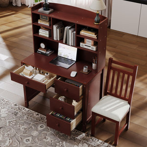 English Elm Vintage 40'' Home Executive Desk Set with Upholstered Chair and Built-In Bookshelf for Stylish Productivity Espresso 44 L x 23 W x 13.5 H N733P272894P