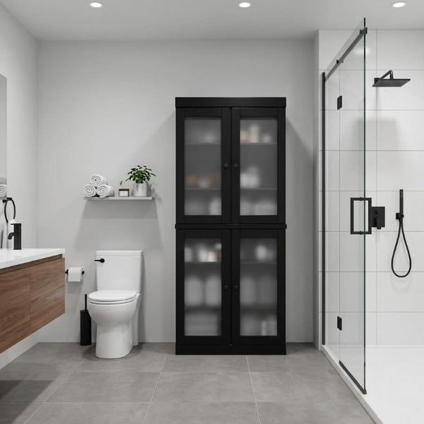 32 Inch Black Solid Wood Linen Cabinet with Glass Panel Double Doors for Bathroom