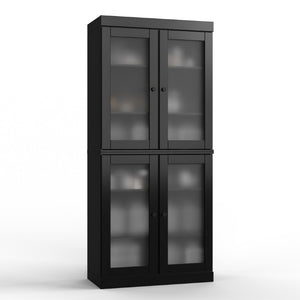 HomeRoots 32 Inch Black Solid Wood Linen Cabinet with Glass Panel Double Doors for Bathroom 760075