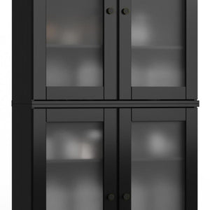 32 Inch Black Solid Wood Linen Cabinet with Glass Panel Double Doors for Bathroom