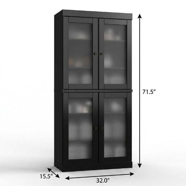 32 Inch Black Solid Wood Linen Cabinet with Glass Panel Double Doors for Bathroom