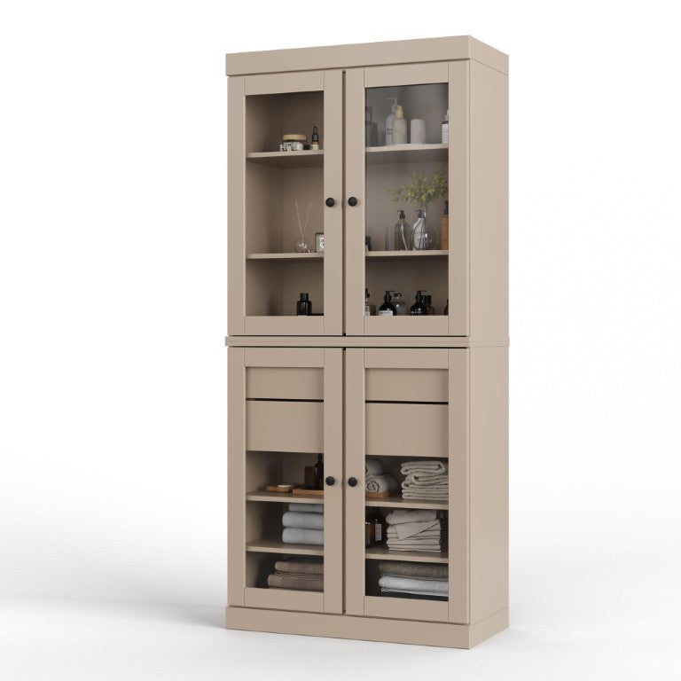 HomeRoots 32 Inch Beige Solid Wood Linen Cabinet with Glass Panel Inlay Double Doors 760099