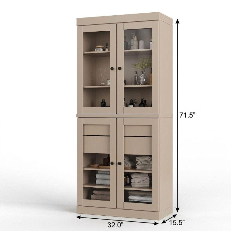 HomeRoots 32 Inch Beige Solid Wood Linen Cabinet with Glass Panel Inlay Double Doors 760099
