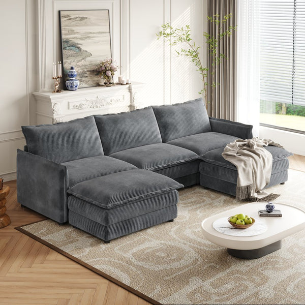 English Elm Corduroy 3-Seater Modular Cloud Couch With Movable Footrests For Ultimate Comfort & Style W834S00426