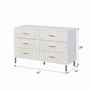English Elm White Champagne Faux Crocodile 6-Drawer Dresser with Gold Legs and Pulls — Elegant White Frame, Luxe Texture, 47" Wide Storage Retreat B062P209045