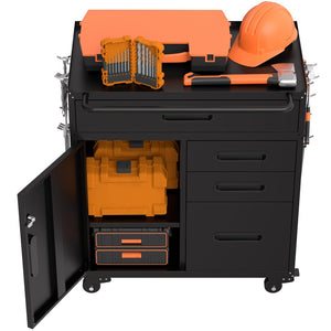 English Elm 34.3" Rolling Steel Tool Cabinet with 3 Drawers Lockable Doors and Pegboard Side Panels T2398P442674