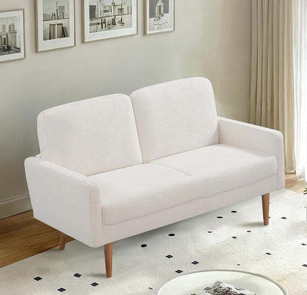 English Elm Velvet Upholstered Two Seat Loveseat with Tapered Wood Legs Mid Century European Style Ivory B2735P291963