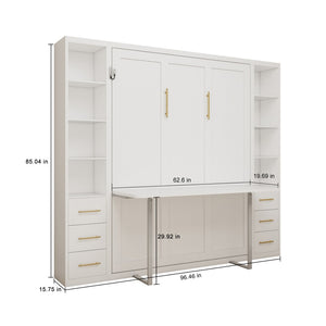 English Elm Desk Murphy Wall Bed Queen with Side Storage Cabinets for Home Office Study W5290S00006