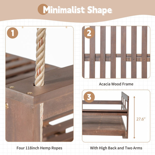 English Elm TOPMAX Acacia Wood Twin Porch Swing Bed Frame with High Back, 350lb Capacity & 118" Hemp Ropes Brown N717P265795D