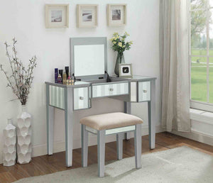 English Elm Transitional Glam Mirrored Vanity with Padded Stool, Spacious Drawers, Central Mirror for Prep and Storage Silver 50 L x 31 W x 16 H B2741P400801