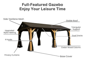 English Elm Cedar 12'x20' Gazebo with Galvanized Metal Roof, Weatherproof 2500lb Snow Load, Privacy Walls, Hooks W1859S00120