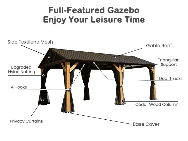 English Elm Cedar 12'x20' Gazebo with Galvanized Metal Roof, Weatherproof 2500lb Snow Load, Privacy Walls, Hooks W1859S00120