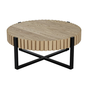 English Elm Round Gear Motif Drum Coffee Table Walnut Mdf Top Iron Base Compact Living Room Accent N770P372354N