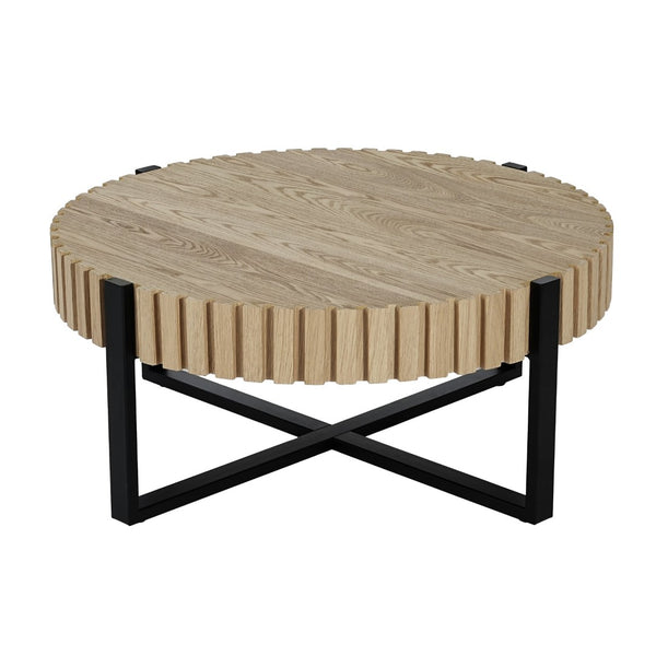 English Elm Round Gear Motif Drum Coffee Table Walnut Mdf Top Iron Base Compact Living Room Accent N770P372354N