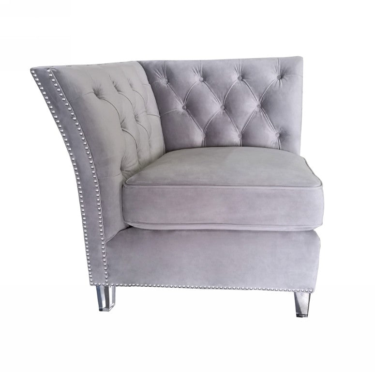VIG Furniture Ladue Glam Transitional Corner Seaters Set Of 2 — Grey Velvet Diamond-Tufted, Nailhead Trim, Acrylic Legs VGHK-F9033-70-80