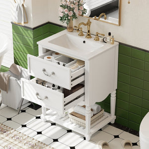 English Elm 24'' Vintage Bathroom Vanity with Ceramic Sink Soft Close Drawers Open Shelf White N710P411237K