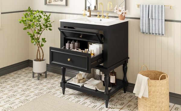 English Elm 24'' Retro Bathroom Vanity Mdf Cabinet with Ceramic Sink Open Shelf and 2 Drawers Black N710P405414B