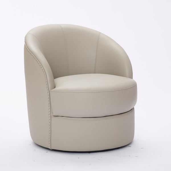 English Elm Gream Cream Top-Grain Leather Swivel Chair — 360° Smooth Spin, Riveted Mid-Century Lounge for Home Office W570P386956