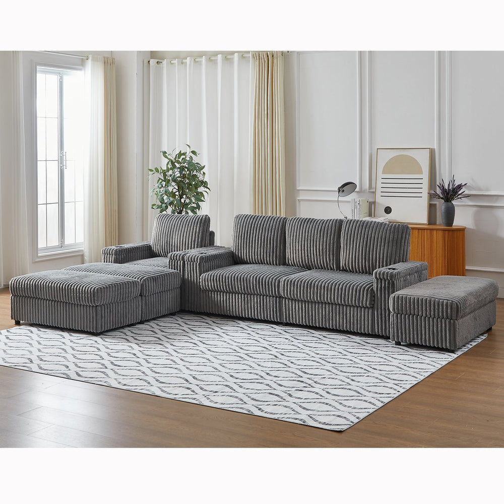 English Elm Corduroy minimalist coffee table conversion sofa set with cup grooves, recliner comfort and L-shaped layout for hosting Grey W834S00548