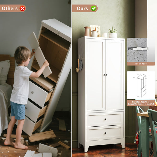 English Elm 72 Inch White Steel Pantry Cabinet with 2 Drawers, Adjustable Shelves, Anti-Tip Ventilated Organizer 72" W2735P332346