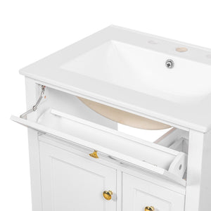 English Elm "24'' 24 Inch Glossy Freestanding Bathroom Vanity with Gold Hardware and Soft Close Storage White Pinewood N725P375495K