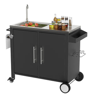 English Elm Outdoor Stainless Steel Grill Cart with Sink Cabinet Storage and Locking Wheels W3190P293812
