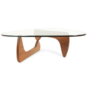 HomeRoots 50 Inch Walnut Solid Wood Triangle Sled Base Coffee Table with Glass Top Living Room 760573