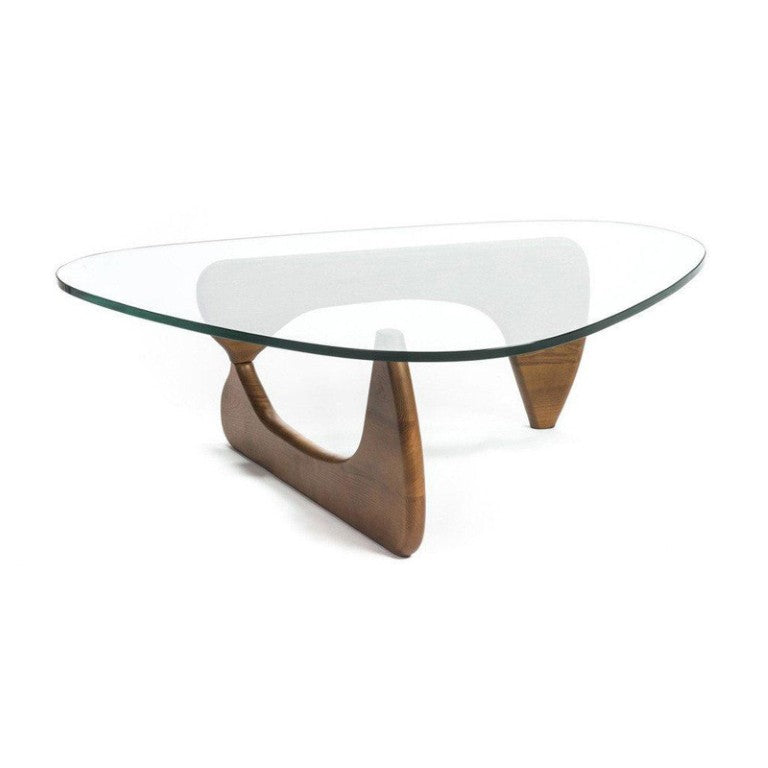 HomeRoots 50 Inch Walnut Solid Wood Triangle Sled Base Coffee Table with Glass Top Living Room 760573