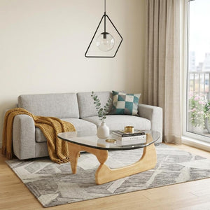 50 Inch Solid Wood Trestle Base Triangle Coffee Table with Clear Tempered Glass Top