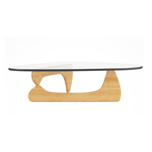 HomeRoots 50 Inch Solid Wood Trestle Base Triangle Coffee Table with Clear Tempered Glass Top 760574
