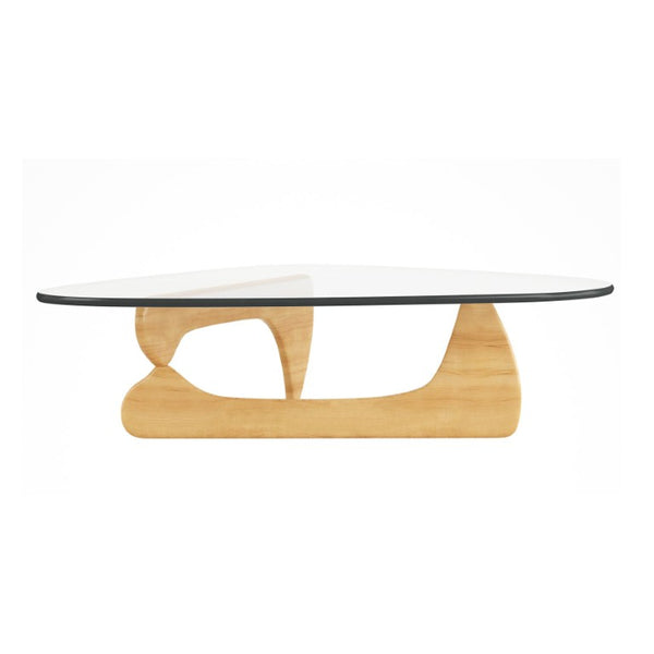 HomeRoots 50 Inch Solid Wood Trestle Base Triangle Coffee Table with Clear Tempered Glass Top 760574