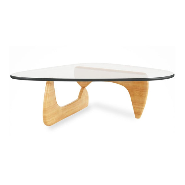 50 Inch Solid Wood Trestle Base Triangle Coffee Table with Clear Tempered Glass Top