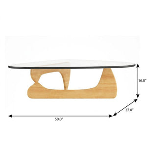 50 Inch Solid Wood Trestle Base Triangle Coffee Table with Clear Tempered Glass Top