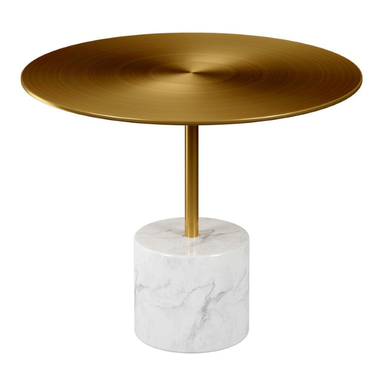 HomeRoots 30 Inch Round Faux Marble Top Coffee Table with Stainless Steel Pedestal Base for Living Room Gold / White 760576