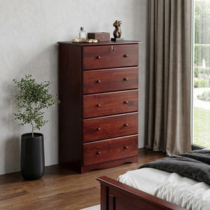 32 Inch Mahogany Solid Wood Five Drawer Dresser for Bedroom Storage Elegance