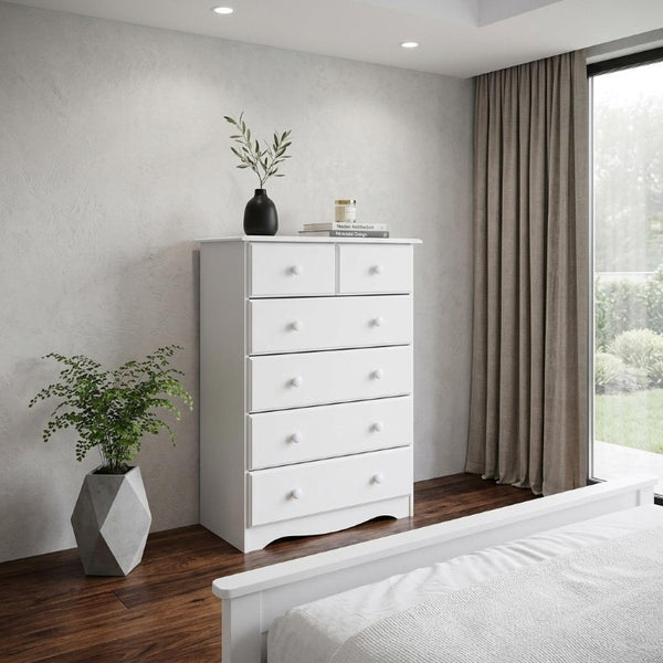 32 Inch Solid Wood Six Drawer Dresser in White for Bedroom Storage Organization