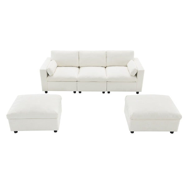 English Elm [video]86.5'' Chenille U-shaped Sectional with Dual Ottomans and Storage Pockets for Living Rooms White N723S7723A