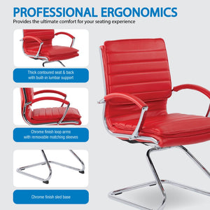OSP Home Furnishings Guest Faux Leather Office Chair with Chrome Sled Base and Ergonomic Lumbar Support Red SPX23595C-U9