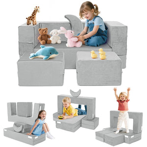 English Elm 5-piece Modular Foam Play Couch Velvet Toddler Sofa Foldable Kids Playroom Set Light Gray T5880P493434