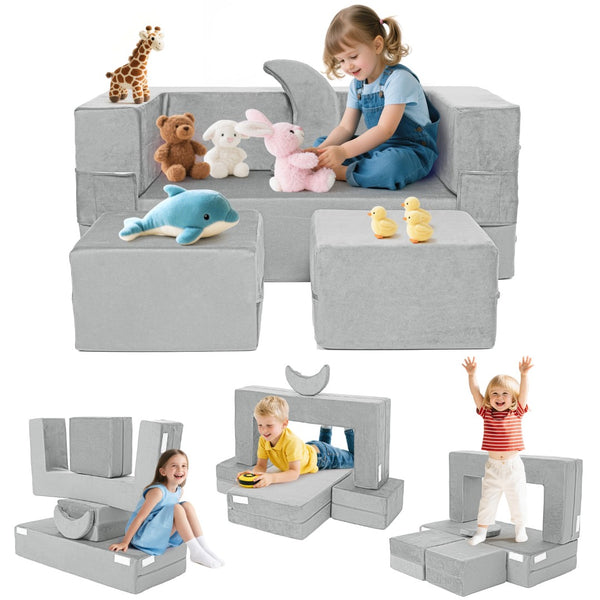 English Elm 5-piece Modular Foam Play Couch Velvet Toddler Sofa Foldable Kids Playroom Set Light Gray T5880P493434