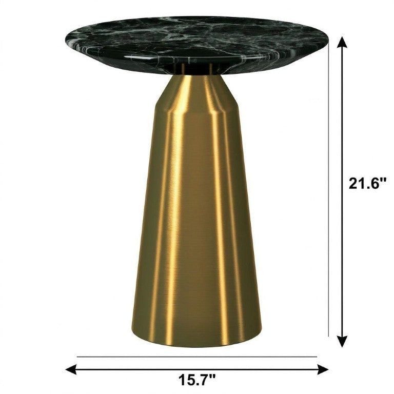 22 Inch Round Pedestal End Table Faux Marble Top Stainless Steel Base Glam Accent