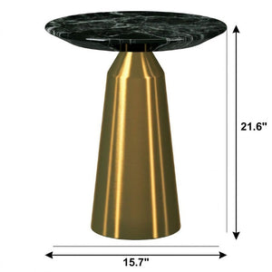 22 Inch Round Pedestal End Table Faux Marble Top Stainless Steel Base Glam Accent