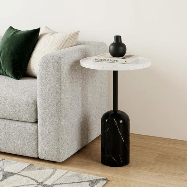 23 Inch Marble Top Round Accent Table with Steel Pedestal Base for Living Room