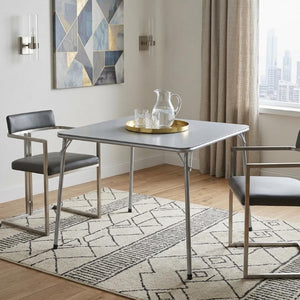 34 Inch Square Dining Table with Sturdy Iron Frame and Gray Wooden Top for Any Space