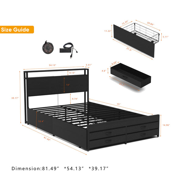 English Elm Full Size Bed Frame with 8 Drawer Storage, LED RGB Headboard, USB Charging, Sturdy Metal Platform W2129P369351